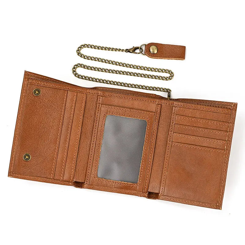 Cowhide Men's Wallet High Quality Vintage Genuine Leather Men Anti Theft Wallets With Chain Trifold Purse Card Holder