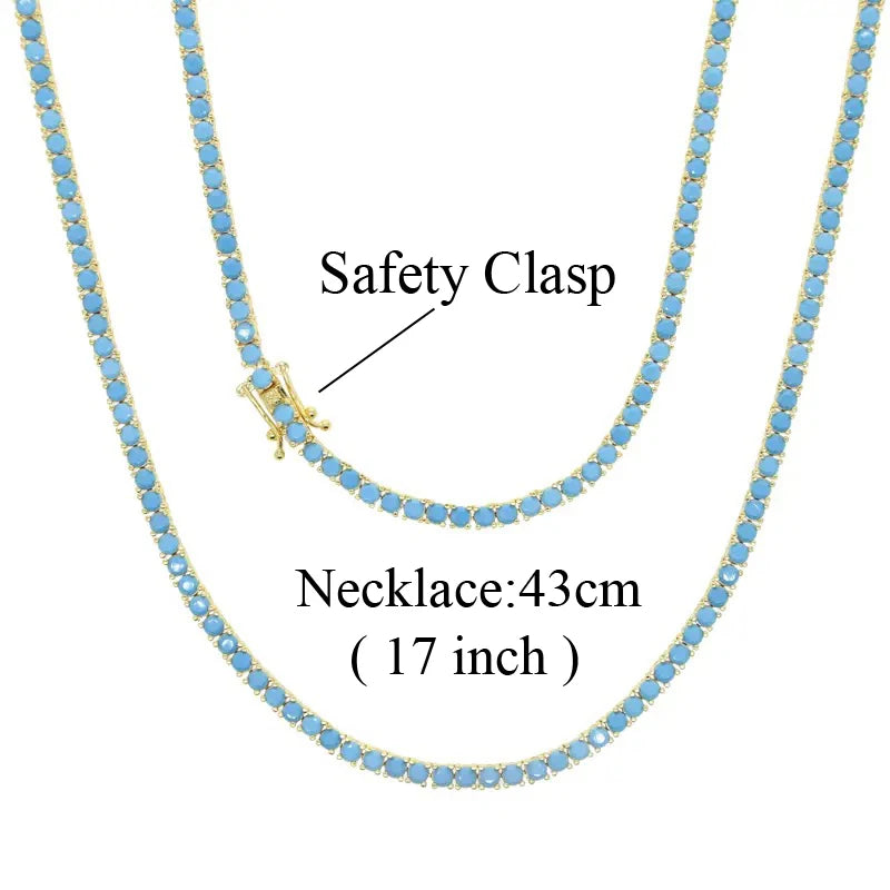 3mm Round Turquoises Stone Paved Classic Tennis Chain Necklace for Women Fashion Gold Color Choker Jewelry Gift - EUFASHIONBAGS