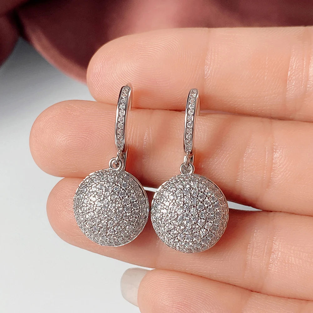 Full Paved CZ Round Pendant Dangle Earrings Women Silver Color Luxury Wedding Earrings Eternity Statement Jewelry - EUFASHIONBAGS