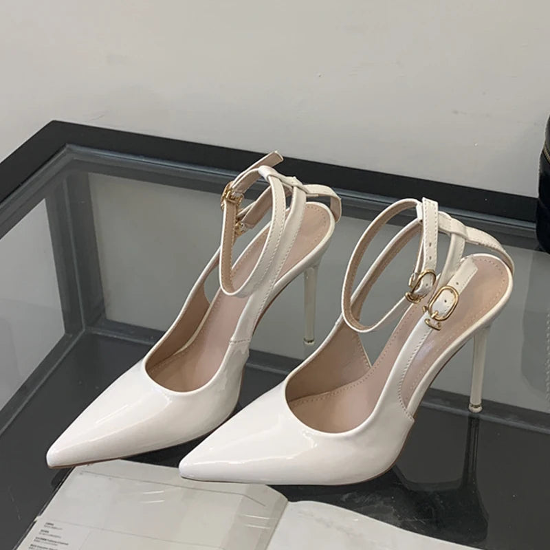 White Patent Leather Ankle Strap Stilettos For Woman Elegant Pointed Toe Slingbacks High Heels Sandals Women Pumps Shoes