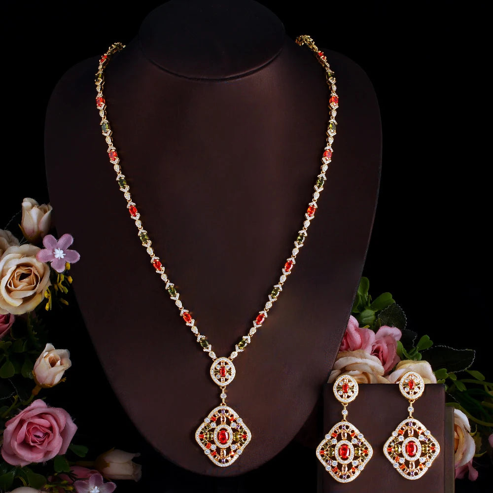 Luxury Multicolor Cubic Zirconia Long Necklace and Earring Dubai Gold Plated Bridal Wedding Party Jewelry Sets - EUFASHIONBAGS