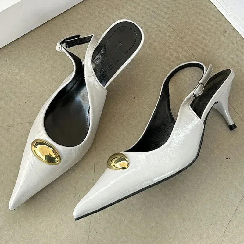 Metal Buckle Design Brand High Heels Women Sexy Pointed Slingbacks Sandals Female Fashion Banquet Dress Shoes Zapatos De Mujer