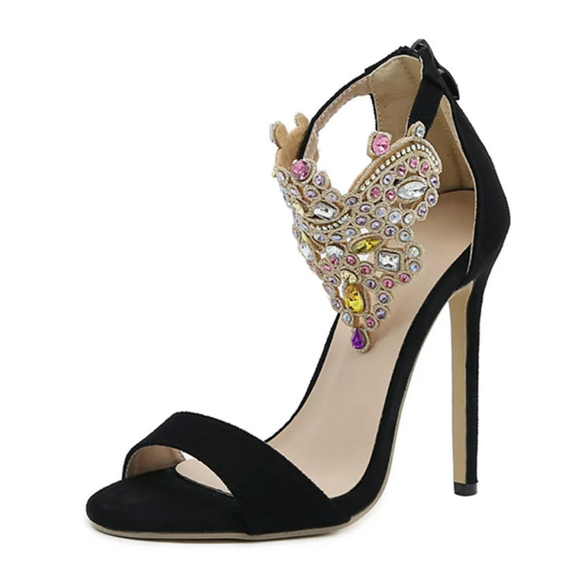 Fashion Color Rhinestone Women's Sandals High Heels Crystal Ankle Strap Summer Open Toe Stripper Shoes Stiletto