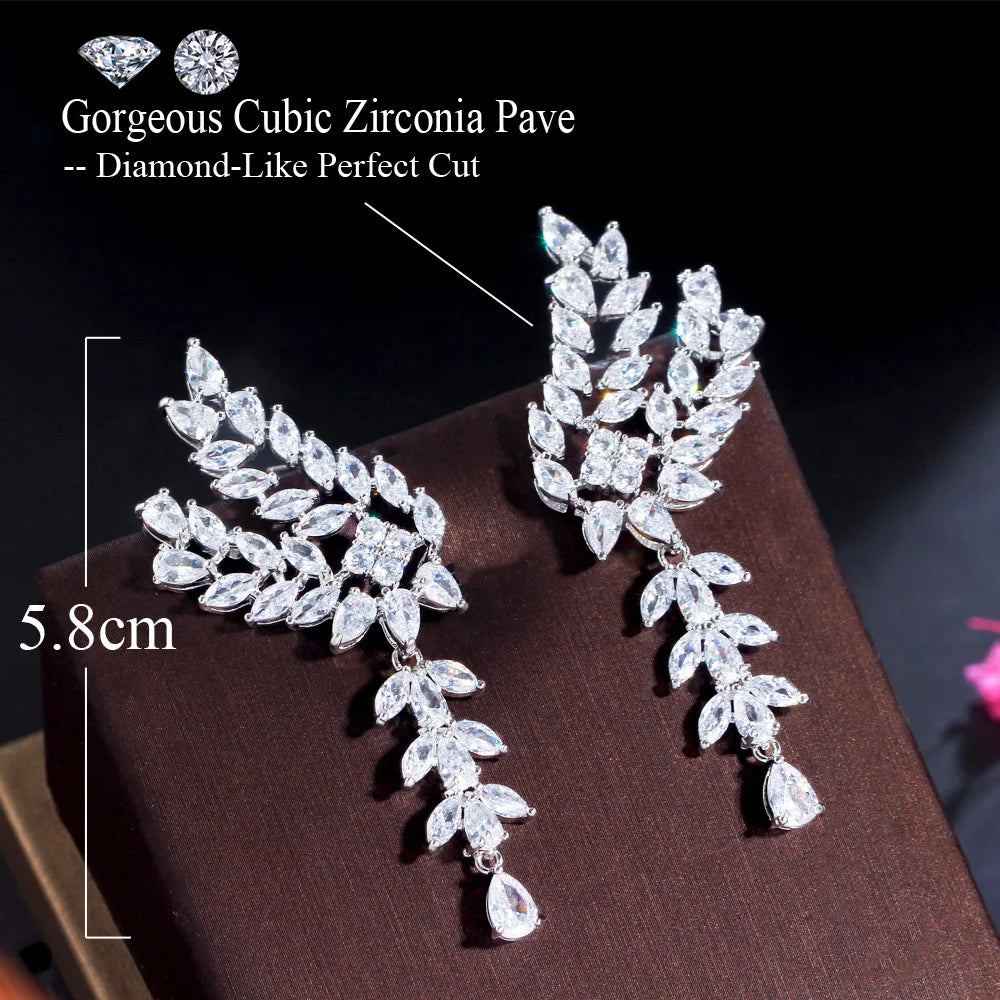 Chic Leaf Wing Delicate Cubic Zircon White Gold Plated Big Long Dangle Party Engagement Earrings for Women Gift - EUFASHIONBAGS