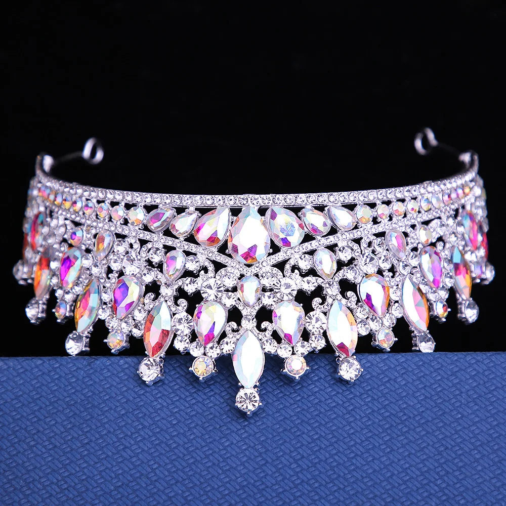 Luxury Pink Crystal Wedding Crown Royal Queen Tiaras Headband AB Color Rhinestone Bridal Headdress Bride Diadem Hair Accessories - EUFASHIONBAGS