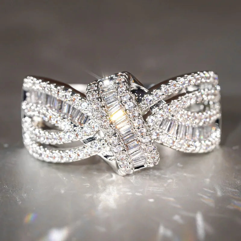 Bright Bowknot Design Rings full Shiny Cubic Zirconia Sparkling Aesthetic Finger Accessories Women Trendy Wedding Jewelry - EUFASHIONBAGS