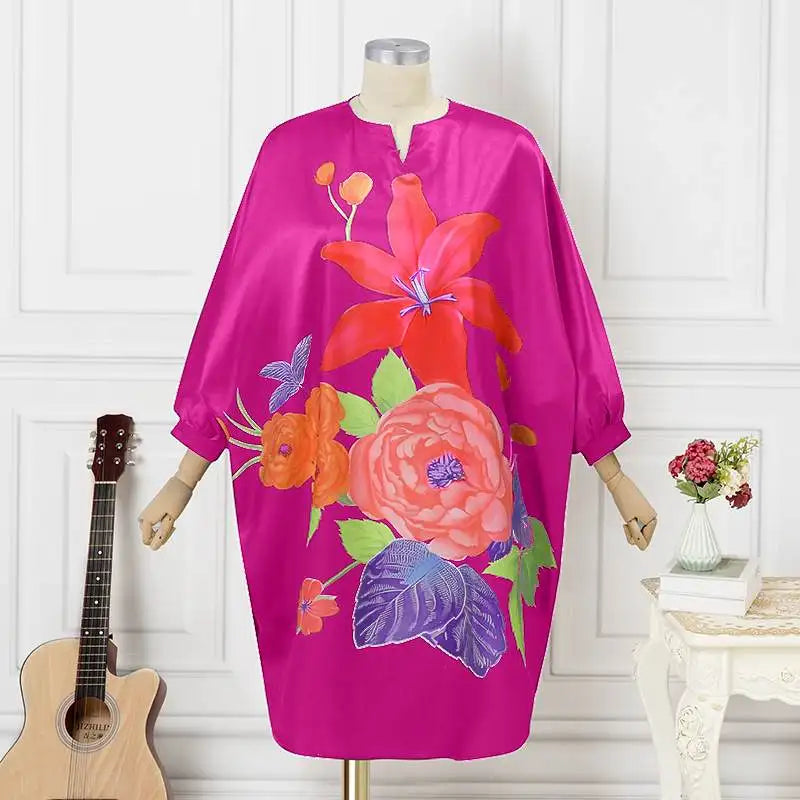 Plus Size 5XL Women Bohemian Sundress 2024 Autumn Floral Printed Elegant Midi Dress 3/4 Bat Sleeve Casual Loose Retro Robe - EUFASHIONBAGS