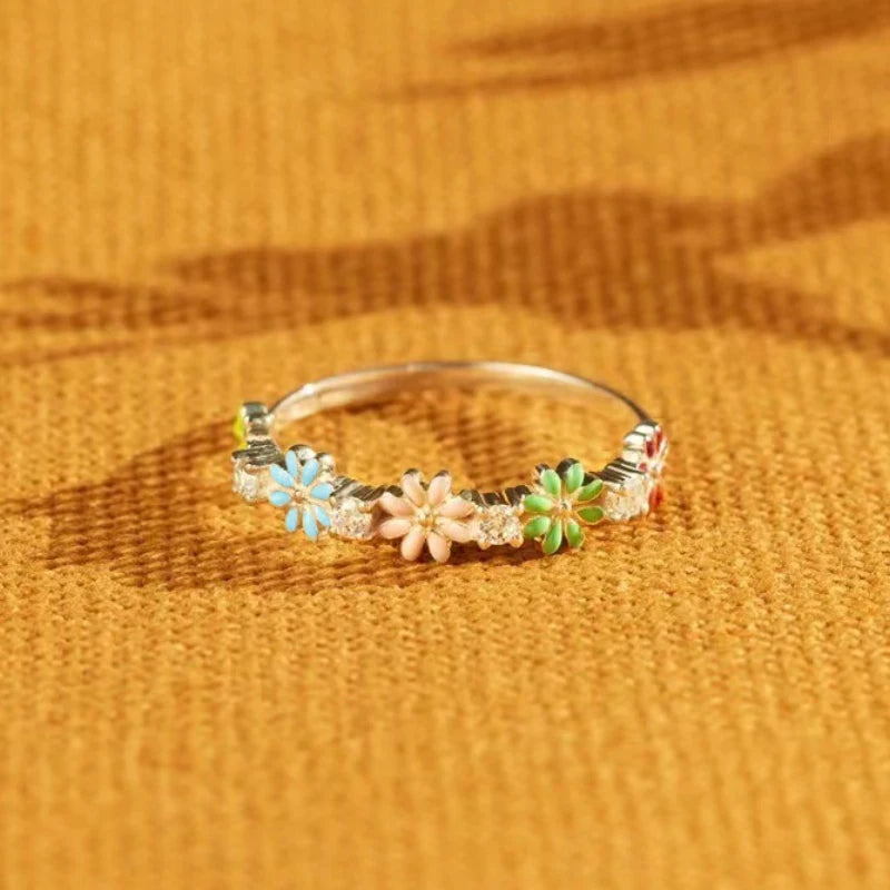 Sweet Lady Colorful Flower Finger Ring Aesthetic Shiny Zirconia Jewelry for Engagement Teen Girls Everyday Accessories