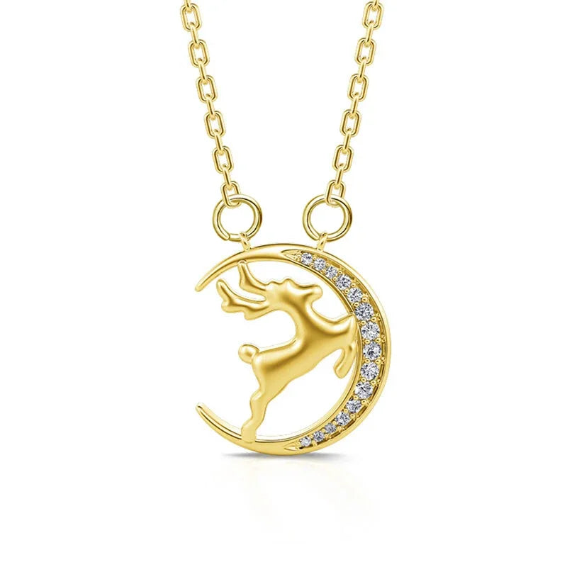 Romantic Jumping Elk Moon Shaped Pendant Necklace for Women Merry Christmas Female Necklaces CZ Exquisite Neck Jewelry