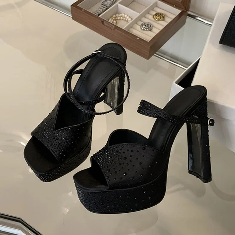 Fashion Rhinestone High Heels Women Sexy Sandals Crystal Silk Ankle Strap Female Square Toe Chunky Platform Shoes Black