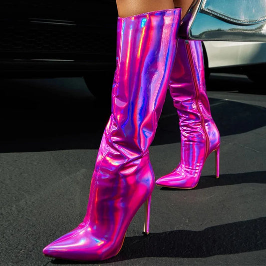 Sexy Runway Mirror Patent Leather Women Knee High Boots Autumn Winter Shoes Pointed Toe Zip Stiletto Heel Long Botas Mujer