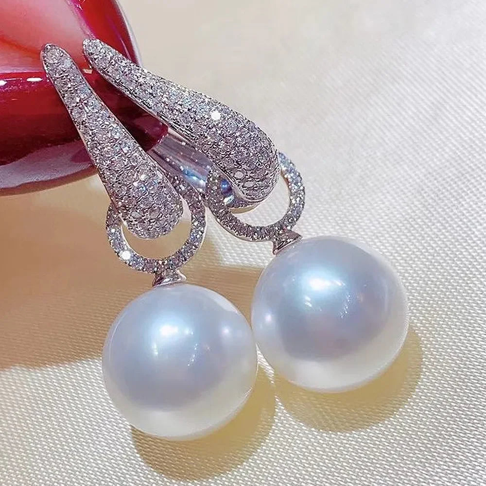 New Trend Imitation Pearl Dangle Earring for Women Luxury Silver Color Bling Cubic Zirconia Fashion Elegant Lady Jewelry