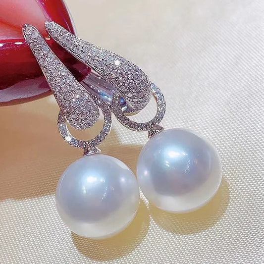 New Trend Imitation Pearl Dangle Earring for Women Luxury Silver Color Bling Cubic Zirconia Fashion Elegant Lady Jewelry