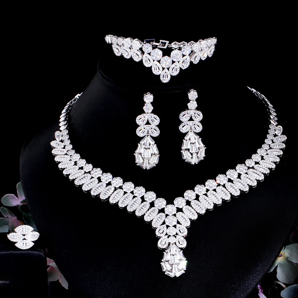 UAE Luxury Bling Heavy CZ Stone Paved 4pcs Saudi Arabia Bridal Party Jewelry Sets for Wedding Banquet Accessory