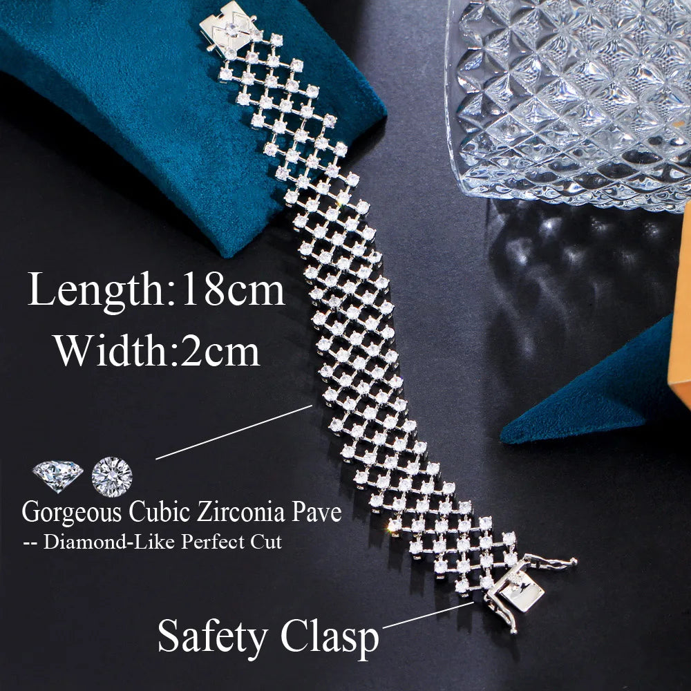 Shiny Multi Layered Net Round Cubic Zirconia Stone Festive Wide Big Wedding Bracelets for Women Bridal Party - EUFASHIONBAGS