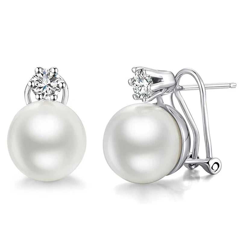 Trendy Korean Style Piercing Stud Earrings Women Graceful Simulated Pearl Jewelry for Engagement Shiny CZ Accessories