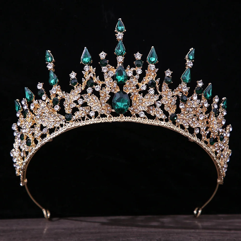 Luxury Green Color Crystal Wedding Crown Bridal Hair Accessories Women Baroque Crown Rhinestones Tiaras Bride Queen Party Crowns - EUFASHIONBAGS