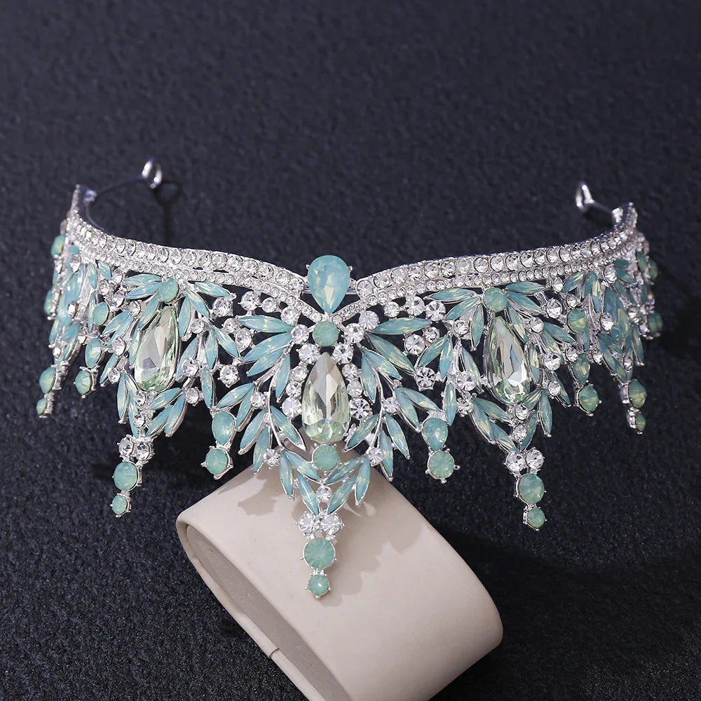 Baroque Luxury Silver Color Green Opal Water Drop Crystal Tiaras For Women Wedding Birthday Party Elegant Crown Hair Accessories - EUFASHIONBAGS