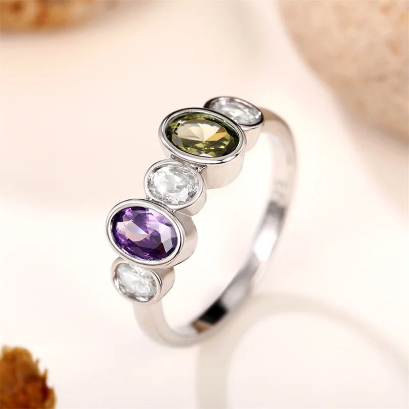 Vintage Rings for Women Inlaid Olive/Purple/White CZ Simple Stylish Lady's Finger Ring Party Anniversary Jewelry