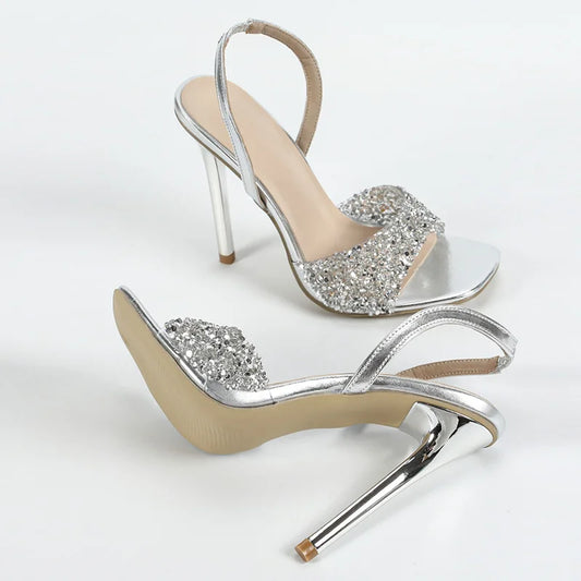 Sexy Slip On Back Strap Sandal Female Silver Sequined PVC Transparent Shoes Women Wedding Party High Heels Sandalias Mujer