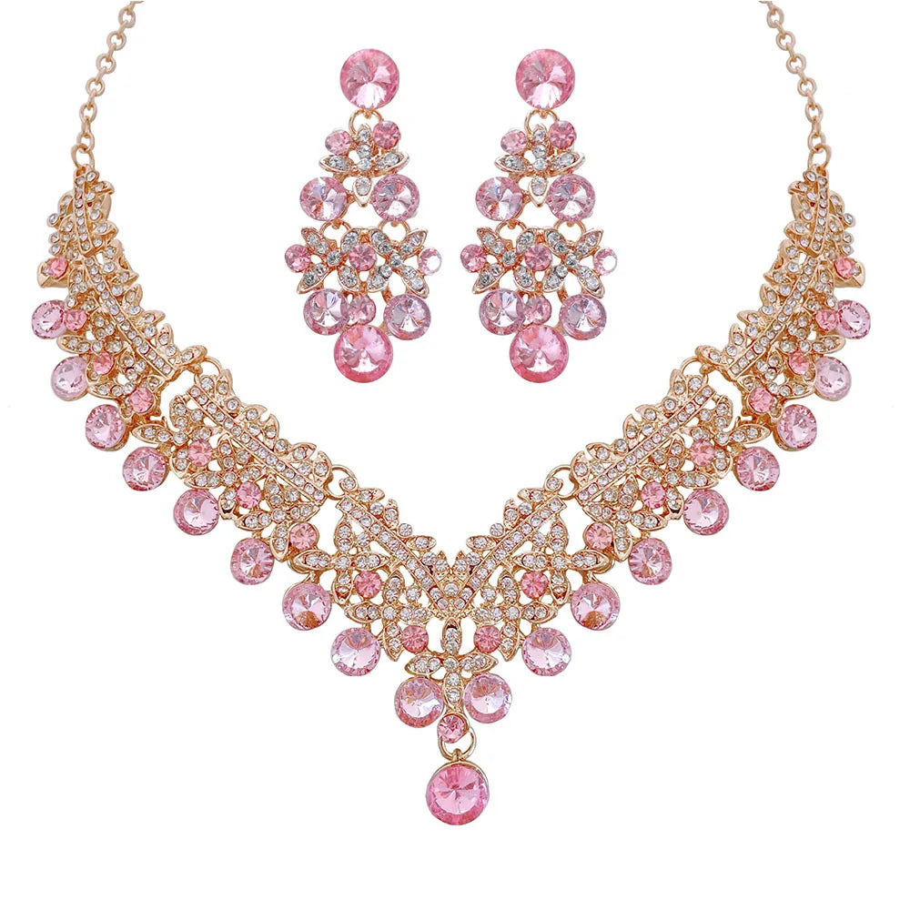 New Fashion Elegant Pink Crystal Necklace Set for Women Dangle Earrings Princess Collar Two Pieces Set Wedding Dubai Jewelry Set - EUFASHIONBAGS