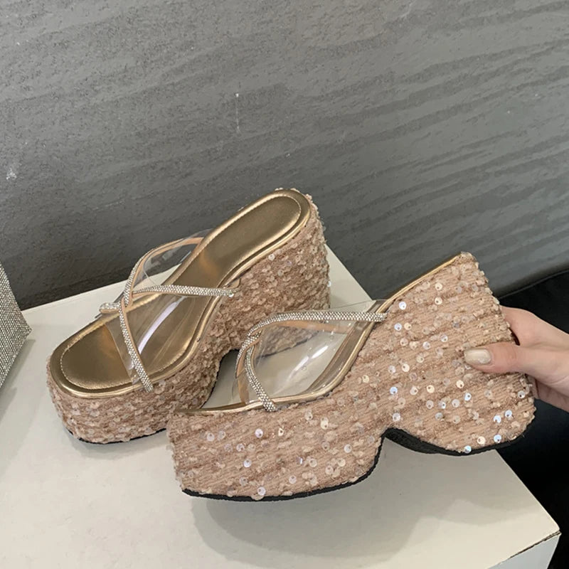 Summer Wedges Shoes For Women Platform Slippers Fashion Crystal Rhinestone High Heels Square Toe PVC Transparent Sandals