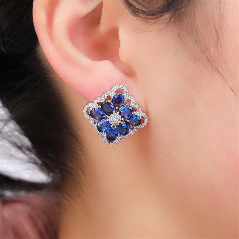 Blue CZ Earrings Women Engagement Wedding Anniversary Party Elegant Lady's Ear Stud Accessories Fashion Jewelry - EUFASHIONBAGS