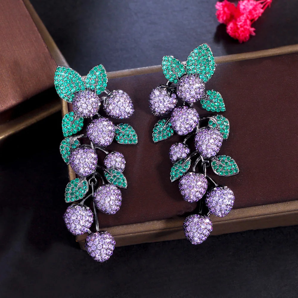 Luxury Micro Pave Purple Green Cubic Zirconia Stone Big Long Dangle Drop Leaf Wedding Party Earrings for Women