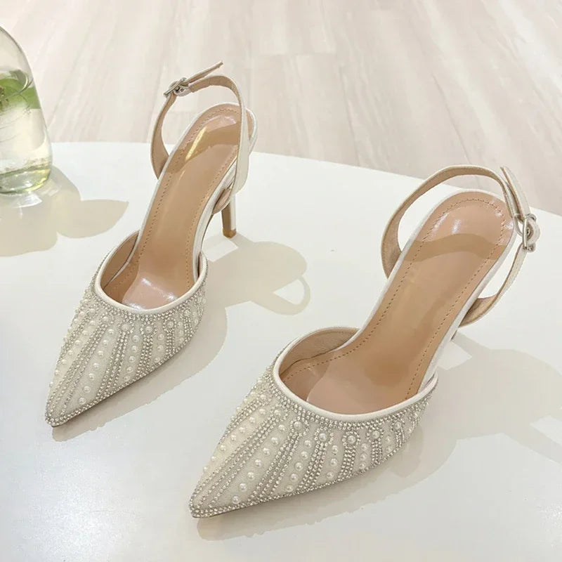 Pearl Rhinestone Pointed Toe High Heels Women 2025 New Shallow Elegant Wedding Dress Shoes Fashion Design Crystal Sandals Women