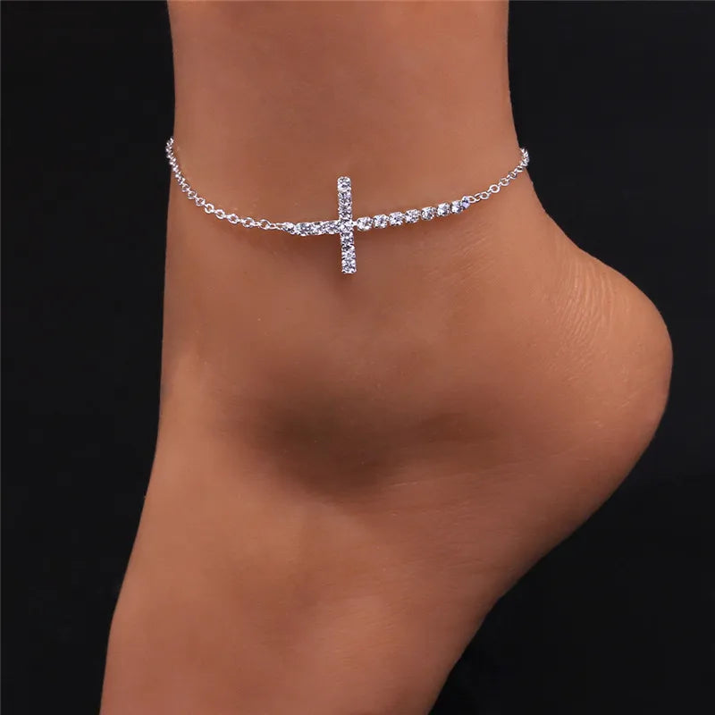 Fancy Cross/Heart/Moon Anklet Bracelet for Women Full Dazzling CZ Stone Fashion Girls Beach Accessories Barefoot Jewelry - EUFASHIONBAGS