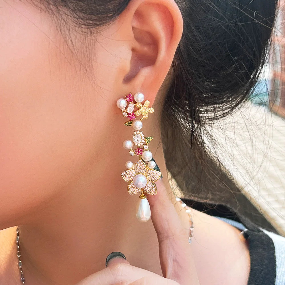 Pretty Pink Red Cubic Zirconia Paved Long Cluster Flower Dangle Drop Pearl Earrings for Women Festive Wedding - EUFASHIONBAGS