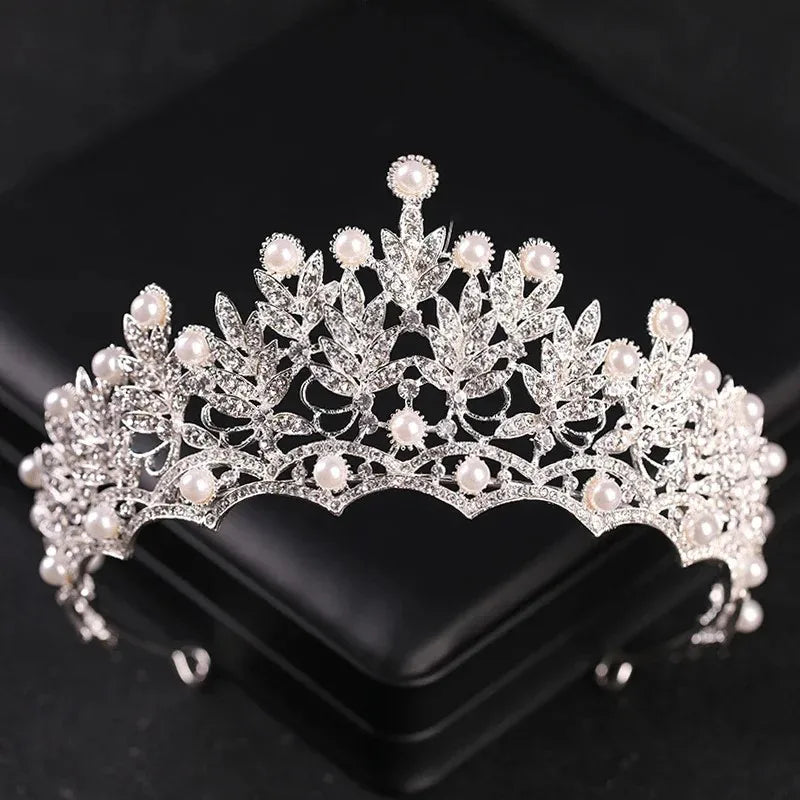 Luxury Silver Color Crystal Pearls Bridal Tiaras Crown Baroque Rhinestone Pageant Diadem Bride Headband Wedding Hair Accessories - EUFASHIONBAGS