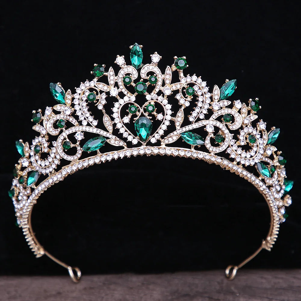 Luxury Green Color Crystal Wedding Crown Bridal Hair Accessories Women Baroque Crown Rhinestones Tiaras Bride Queen Party Crowns - EUFASHIONBAGS