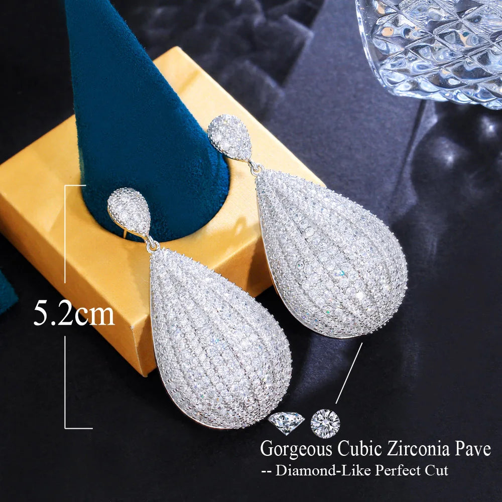 Shiny Full Cubic Zirconia Pave White Gold Color Long Dangling Big Water Drop Earring for Brides Wedding Pageant - EUFASHIONBAGS