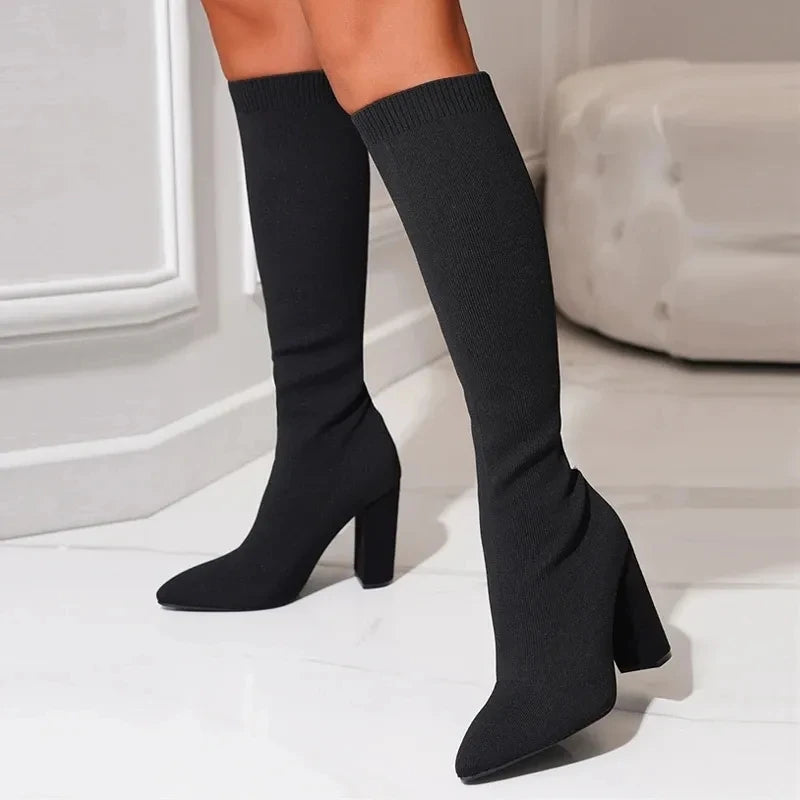 Green Women Cozy Knitting Stretch Fabric Knee High Boots Fashion Square Heels Autumn Winter Sock Long Shoes Booties Female - EUFASHIONBAGS