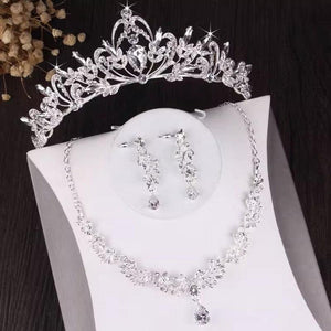 Silver Color Crystal Bridal Jewelry Sets Tiaras Crown Earrings Choker Necklace Set bj43 - www.eufashionbags.com