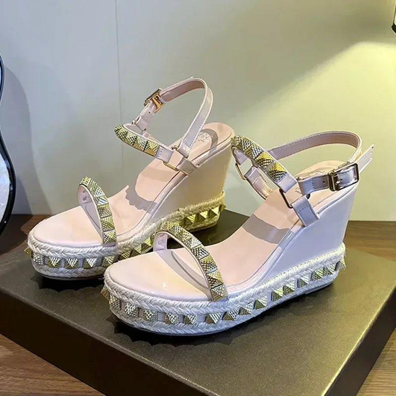 Rivets Design Wedge Sandals Woman Summer 2025 Open Toe Dress Shoes Fashion Weave Platform High Heels Ladies Zapatos De Mujer