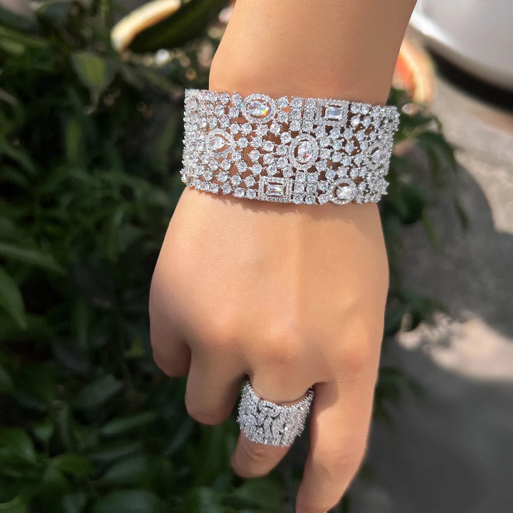 Luxury Chunky Cubic Zirconia Inlay Wide Big Open Cuff Bangle and Ring Dubai Wedding Bridal Party Jewelry Sets - EUFASHIONBAGS