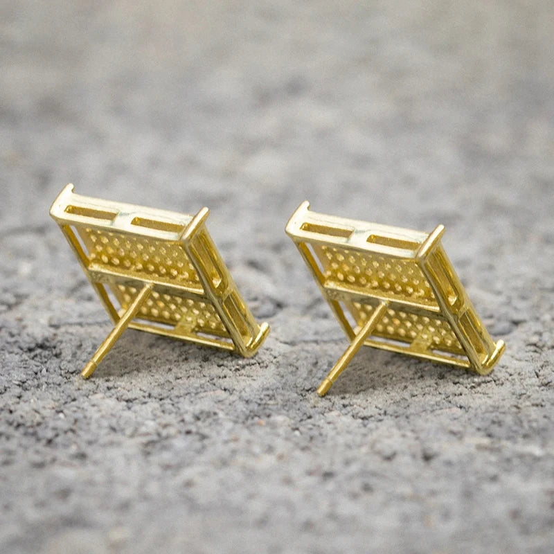 Square Shaped Stud Earrings Gold Color Luxury Accessories for Men/Women Full Bling Bling CZ Daily Wear Statement Jewelry