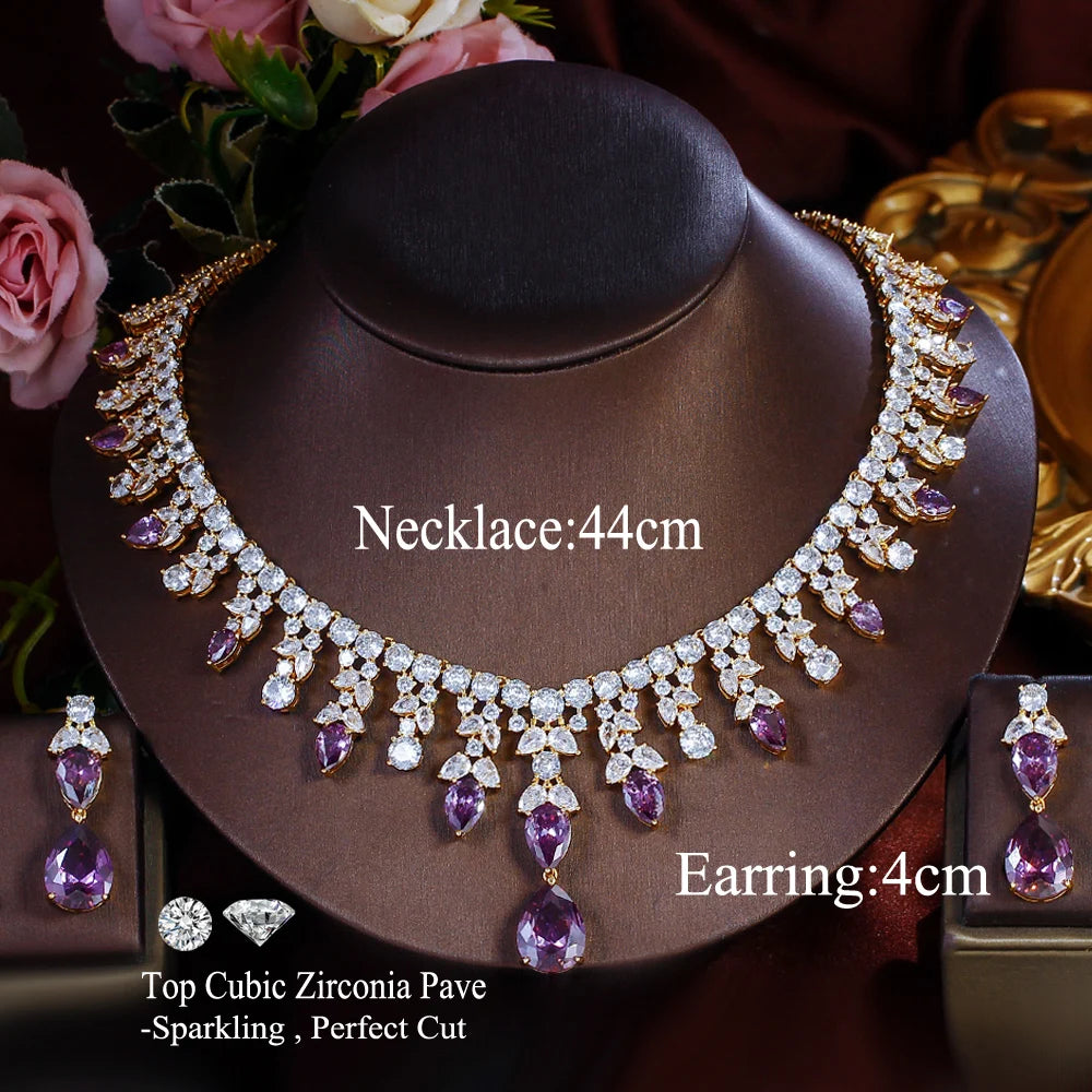 Luxury Gold Plated Purple Cubic Zirconia Big Chunky Water Drop Wedding Necklace Pageant Bridal Jewelry Sets - EUFASHIONBAGS