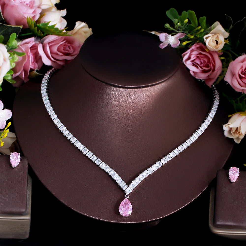 Shiny Pink Cubic Zirconia Water Drop Wedding Engagement Party Necklace Bridal Jewelry Sets Accessories - EUFASHIONBAGS