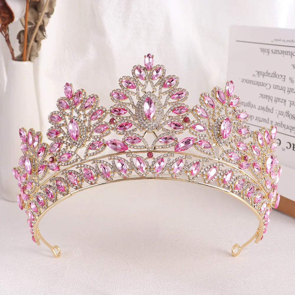 Baroque Pink Opal Wedding Big Crown Princess Headdress Crystal Bridal Tiaras Rhinestone Diadem Wedding Hair Jewelry Accessories - EUFASHIONBAGS