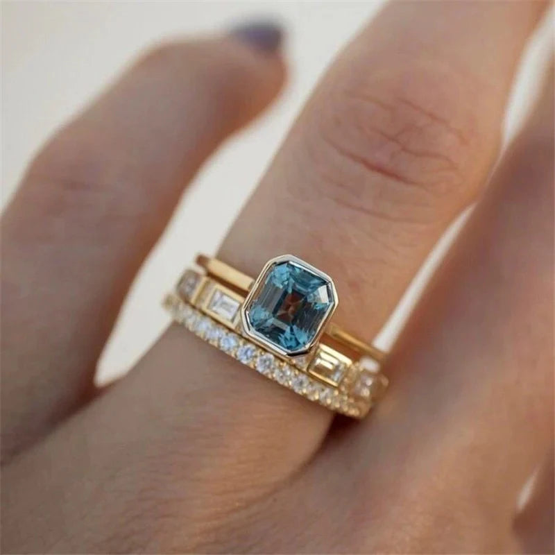 Geometric Blue Cubic Zirconia Trendy Set Rings for Women Gold Color Luxury Wedding Accessories 3Pcs Set Jewelry - EUFASHIONBAGS