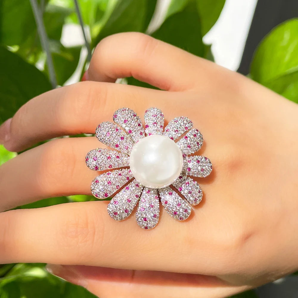 Micro Pave Pink Red Cubic Zirconia Stone Super Luxury Statement Big Flower Chunky Rings for Wedding Bridal Party - EUFASHIONBAGS