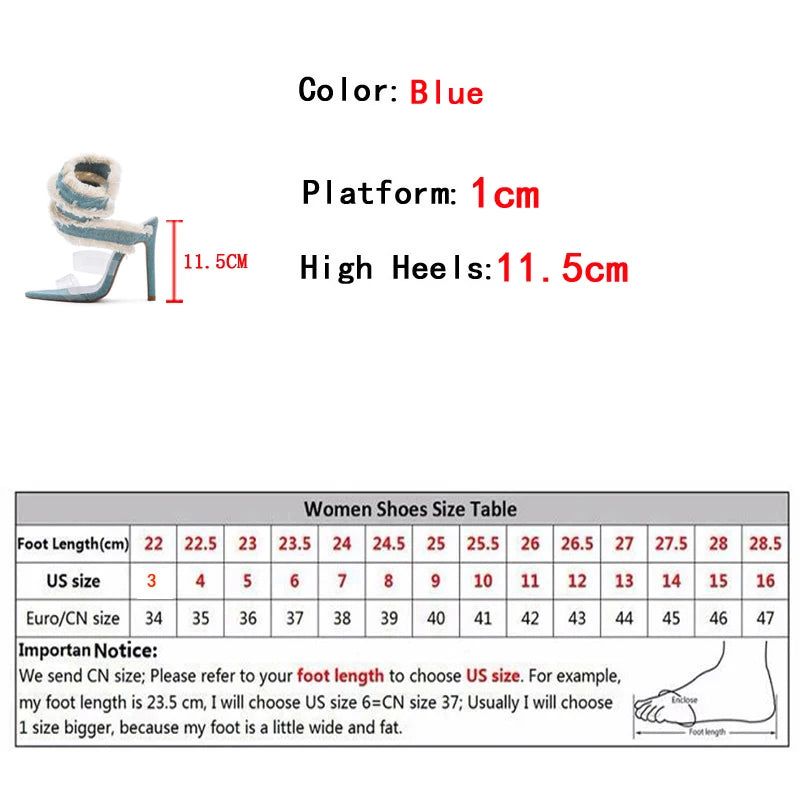 2025 New Denim Ankle Snake Surround Strap Sandal Women Transparent PVC Summer High Heels Party Stripper Shoes Pumps - EUFASHIONBAGS