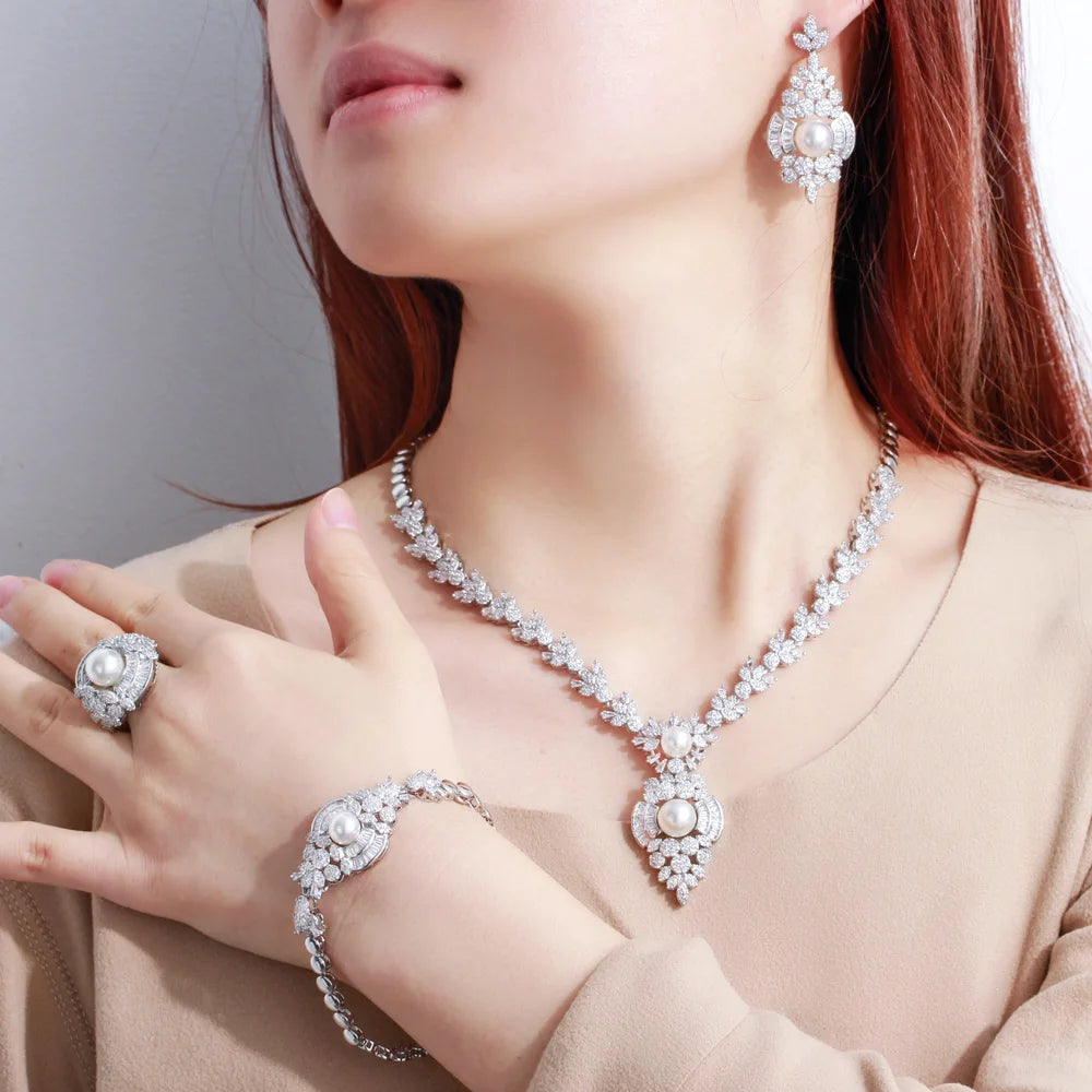 4pcs Cubic Zirconia Luxury White Pearl Necklace Earrings Jewelry Sets for Women Wedding Bridal Party Accessories