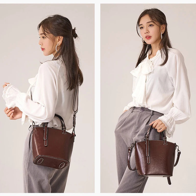 Genuine Leather Women Bag New Cowhide Shoulder Bags Vintage Large Capacity Women's Crossbody Bucket Bags