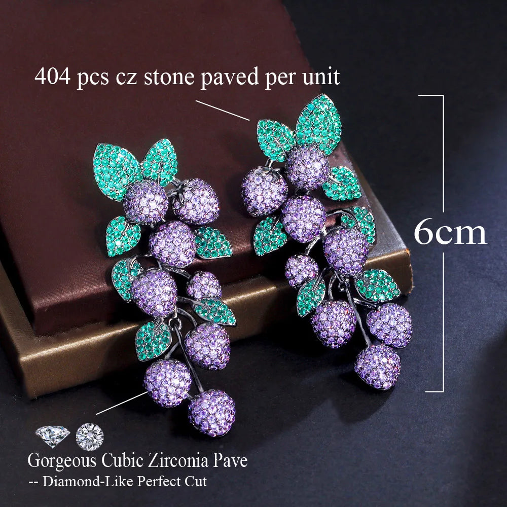 Luxury Micro Pave Purple Green Cubic Zirconia Stone Big Long Dangle Drop Leaf Wedding Party Earrings for Women