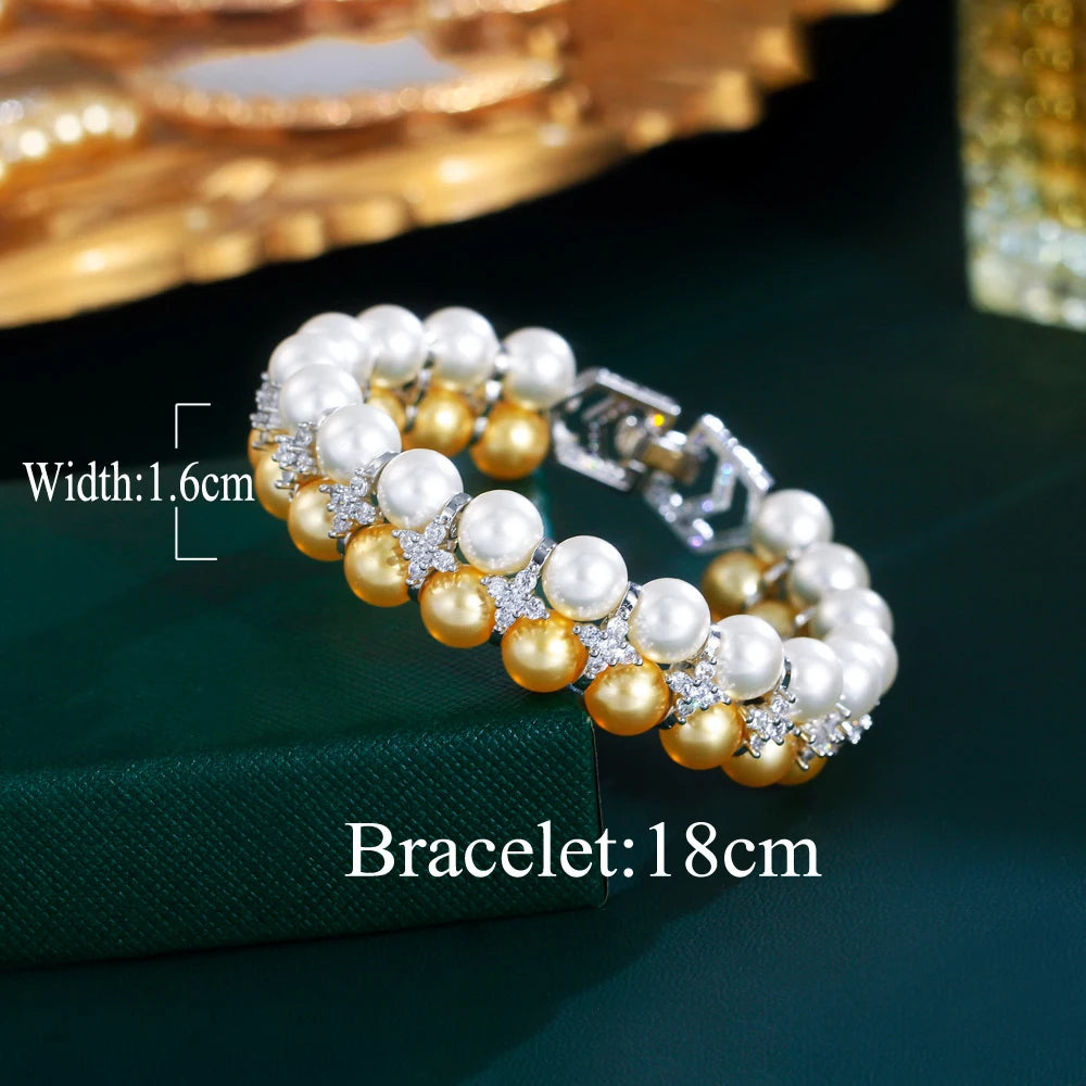 Luxury Double Layered Pearl with Cubic Zirconia Wide Big Wedding Engagement Party Bracelets for Women Jewelry - EUFASHIONBAGS