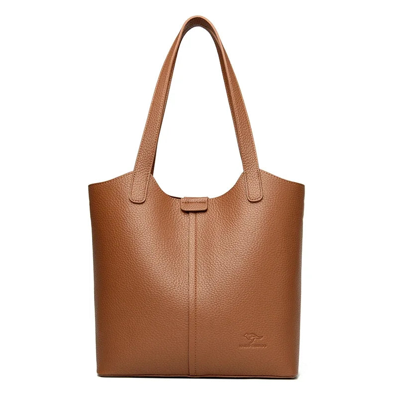 Genuine Brand Soft Leather Shoulder Bag For Women Casual Tote Bag Solid Color Purse Simple Design Handbag Commuting Sac